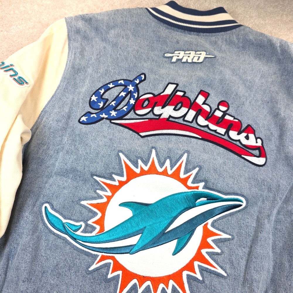 Miami Dolphins Varsity Jacket Mens L Pro Standard Denim NFL American Flag NWT
